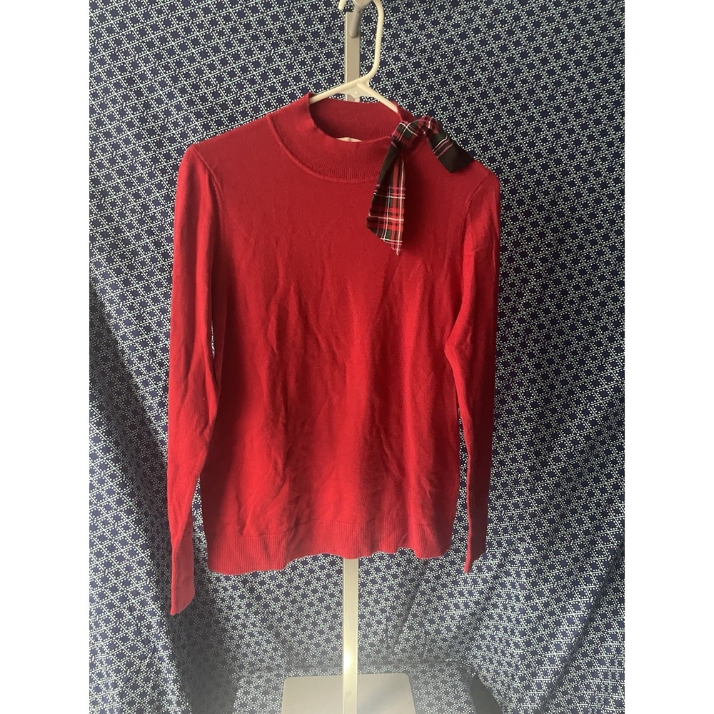 Riley & Rae Sweater Women's Size S Red Mockneck Knit Plaid Bow Christmas NEW